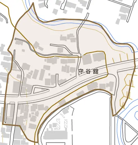 守谷舘とその周辺の地図。町の範囲を重ねている