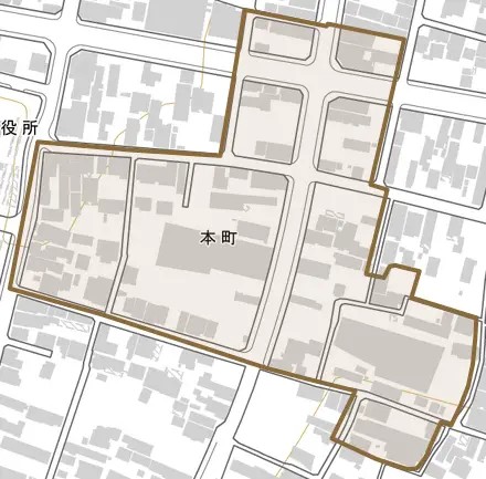 本町とその周辺の地図。町の範囲を重ねている