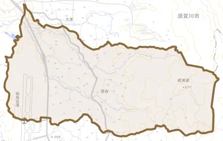 狸森とその周辺の地図。町の範囲を重ねている