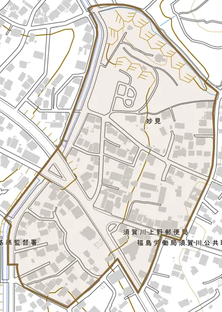 妙見とその周辺の地図。町の範囲を重ねている