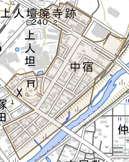 中宿とその周辺の地図。町の範囲を重ねている