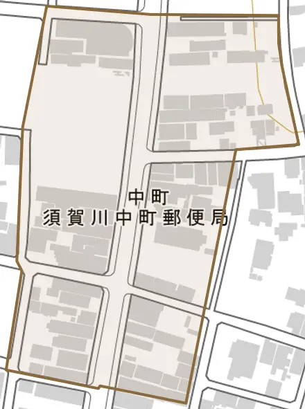 中町とその周辺の地図。町の範囲を重ねている