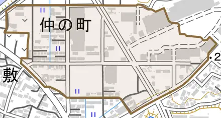 仲の町とその周辺の地図。町の範囲を重ねている
