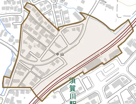 中山とその周辺の地図。町の範囲を重ねている