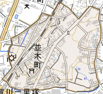 並木町とその周辺の地図。町の範囲を重ねている