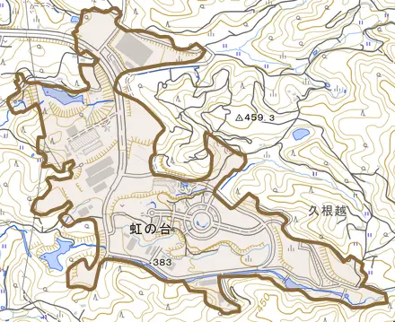 虹の台とその周辺の地図。町の範囲を重ねている
