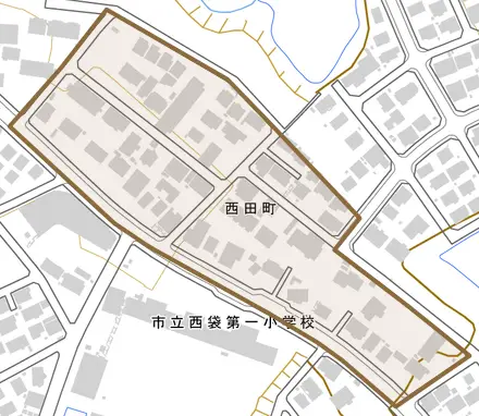 西田町とその周辺の地図。町の範囲を重ねている
