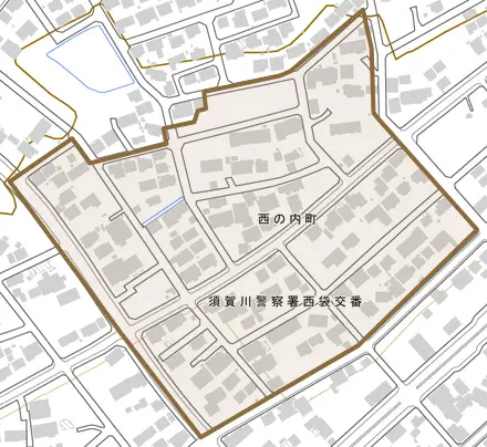 西の内町とその周辺の地図。町の範囲を重ねている