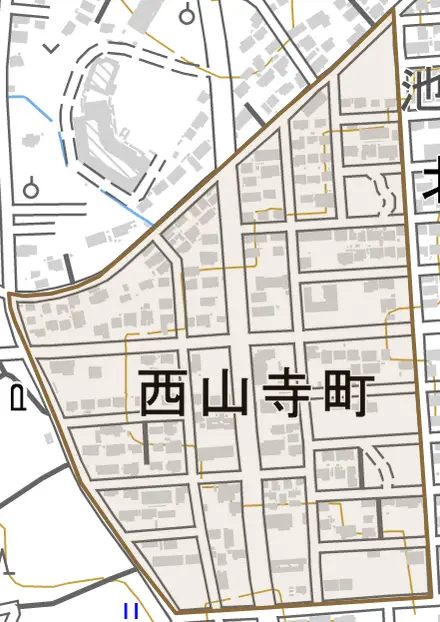 西山寺町とその周辺の地図。町の範囲を重ねている