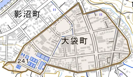 大袋町とその周辺の地図。町の範囲を重ねている