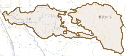 大栗とその周辺の地図。町の範囲を重ねている