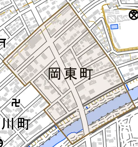 岡東町とその周辺の地図。町の範囲を重ねている