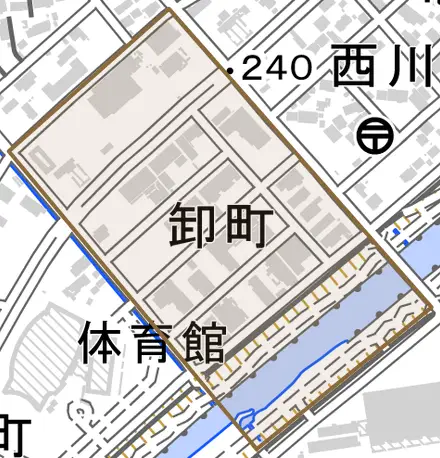 卸町とその周辺の地図。町の範囲を重ねている