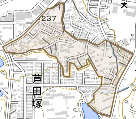 六郎兵衛とその周辺の地図。町の範囲を重ねている