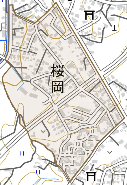 桜岡とその周辺の地図。町の範囲を重ねている