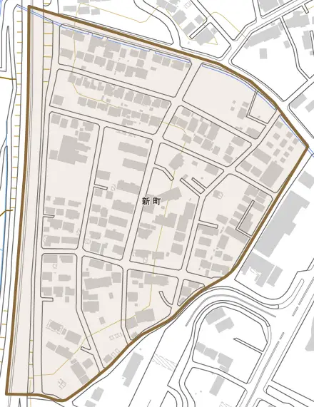 新町とその周辺の地図。町の範囲を重ねている