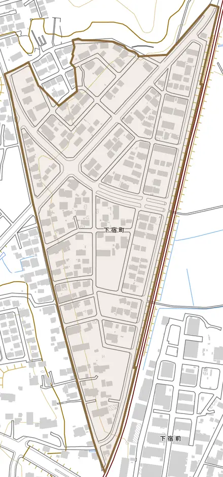下宿町とその周辺の地図。町の範囲を重ねている