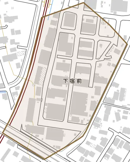下宿前とその周辺の地図。町の範囲を重ねている