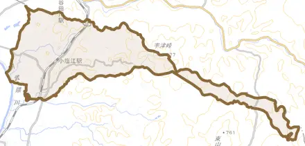 塩田とその周辺の地図。町の範囲を重ねている
