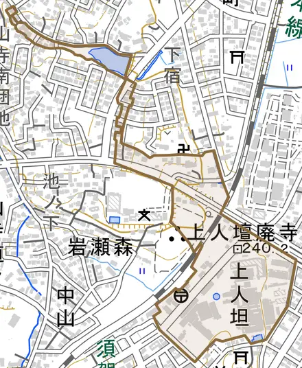 上人坦とその周辺の地図。町の範囲を重ねている