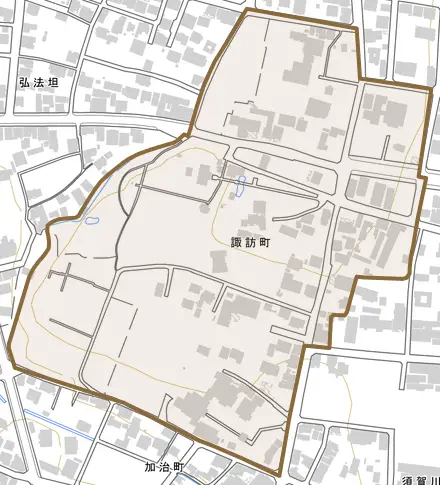 諏訪町とその周辺の地図。町の範囲を重ねている