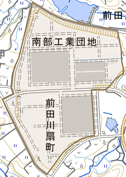 前田川扇町とその周辺の地図。町の範囲を重ねている