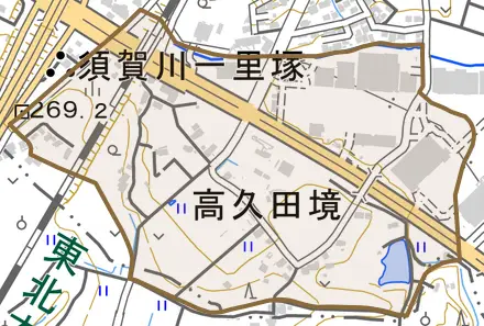 高久田境とその周辺の地図。町の範囲を重ねている