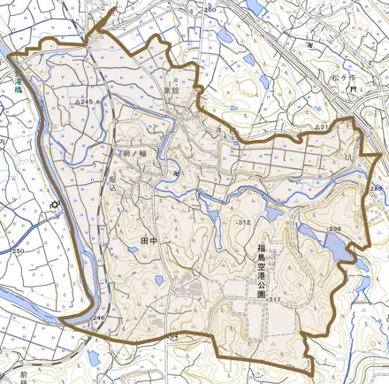 田中とその周辺の地図。町の範囲を重ねている