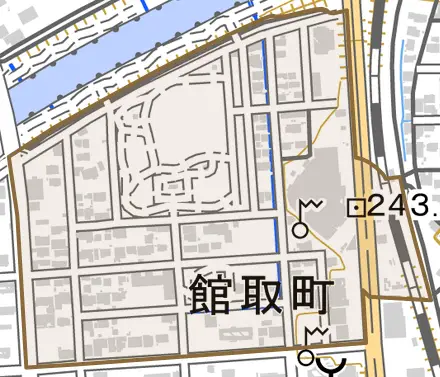 館取町とその周辺の地図。町の範囲を重ねている