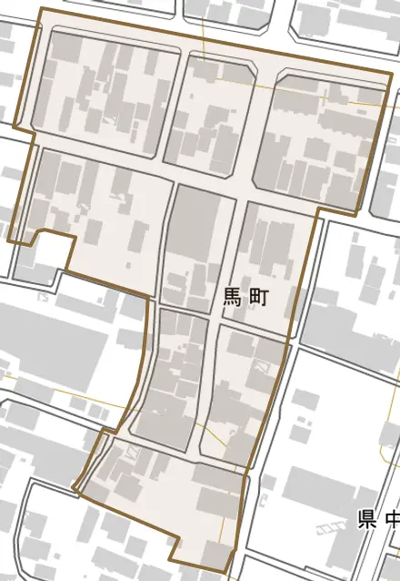 馬町とその周辺の地図。町の範囲を重ねている
