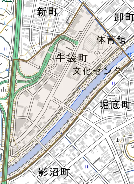 牛袋町とその周辺の地図。町の範囲を重ねている