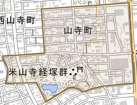山寺町とその周辺の地図。町の範囲を重ねている