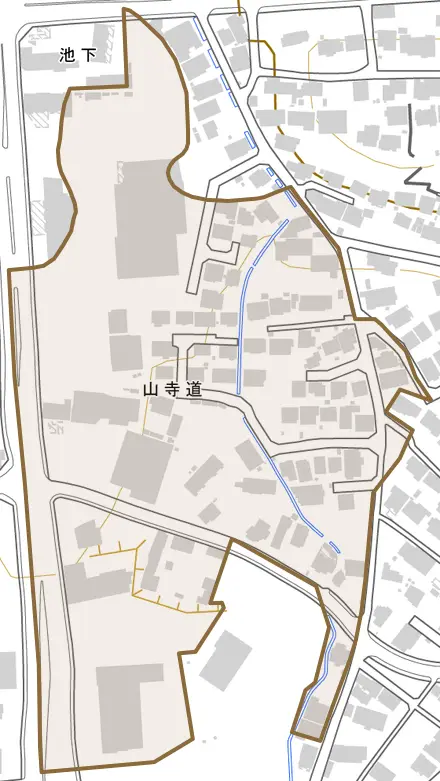 山寺道とその周辺の地図。町の範囲を重ねている