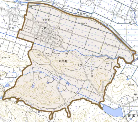 矢田野とその周辺の地図。町の範囲を重ねている