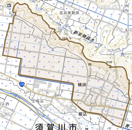 横田とその周辺の地図。町の範囲を重ねている