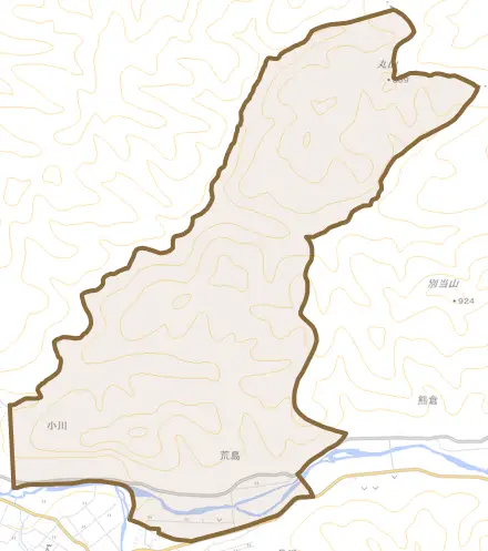 大字荒島とその周辺の地図。町の範囲を重ねている