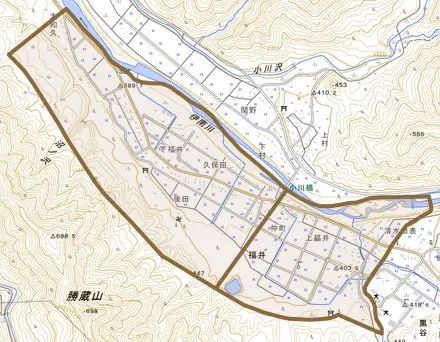 大字福井とその周辺の地図。町の範囲を重ねている