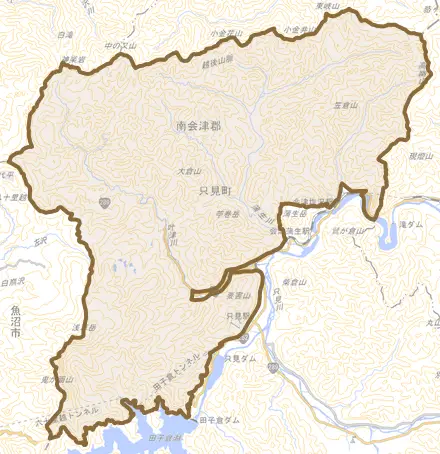 大字蒲生とその周辺の地図。町の範囲を重ねている