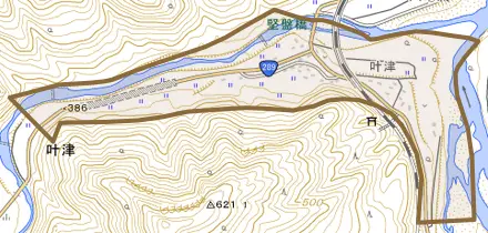 大字叶津とその周辺の地図。町の範囲を重ねている