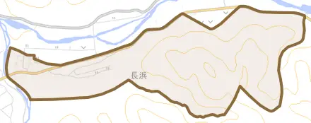 大字長浜とその周辺の地図。町の範囲を重ねている