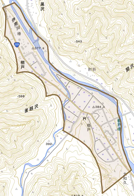 大字楢戸とその周辺の地図。町の範囲を重ねている