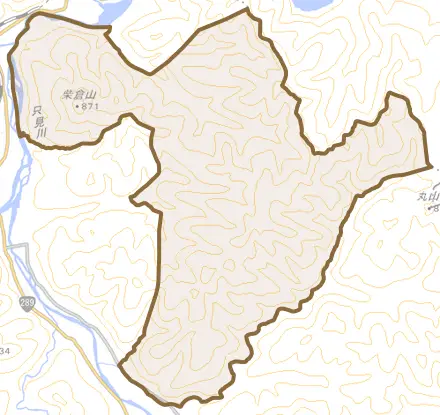 大字小川とその周辺の地図。町の範囲を重ねている