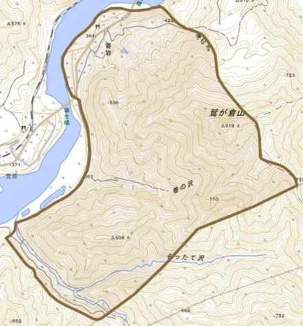 大字寄岩とその周辺の地図。町の範囲を重ねている