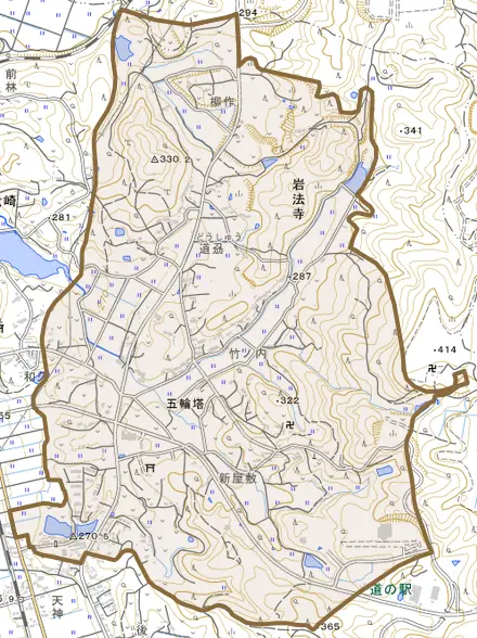 大字岩法寺とその周辺の地図。町の範囲を重ねている