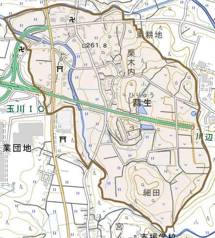 大字蒜生とその周辺の地図。町の範囲を重ねている