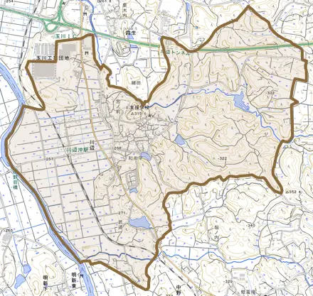大字川辺とその周辺の地図。町の範囲を重ねている