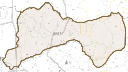 大字北須釜とその周辺の地図。町の範囲を重ねている