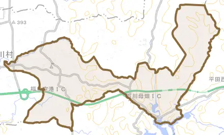 大字南須釜とその周辺の地図。町の範囲を重ねている