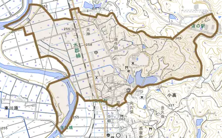 大字中とその周辺の地図。町の範囲を重ねている