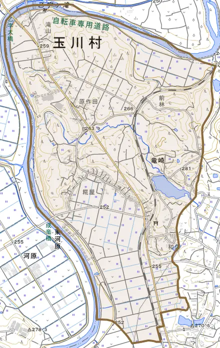 大字竜崎とその周辺の地図。町の範囲を重ねている